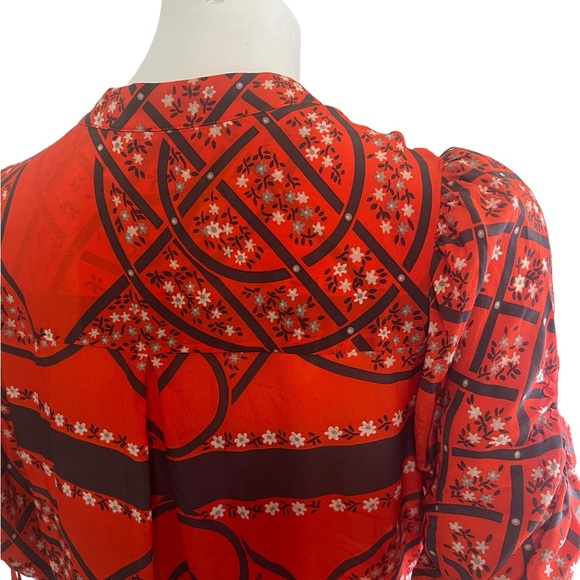 Anthropologie Moulinette Soeurs Silk Shirt Dress Button Up VNeck Size 12 Red - Picture 6 of 9